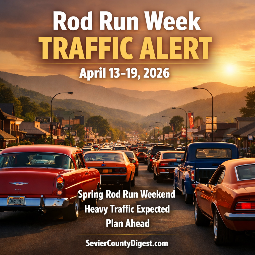 Pigeon Forge Parkway traffic during Spring Rod Run with classic cars and Smoky Mountains in the background