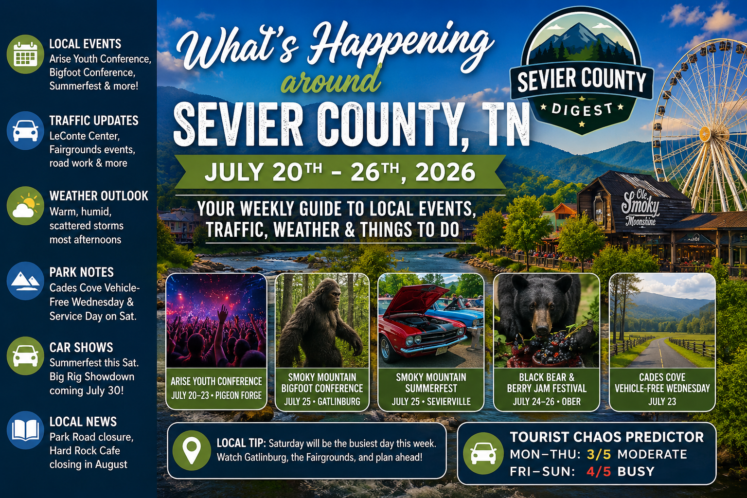 Sevier County Weekly Digest graphic for July 20 through July 26, 2026, featuring local events, weather, traffic, and Smoky Mountain updates.