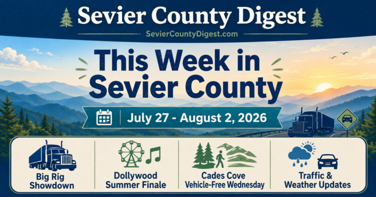 Sevier County Weekly Digest graphic for July 27 through August 2, 2026, featuring local events, weather, traffic, and Smoky Mountain updates.