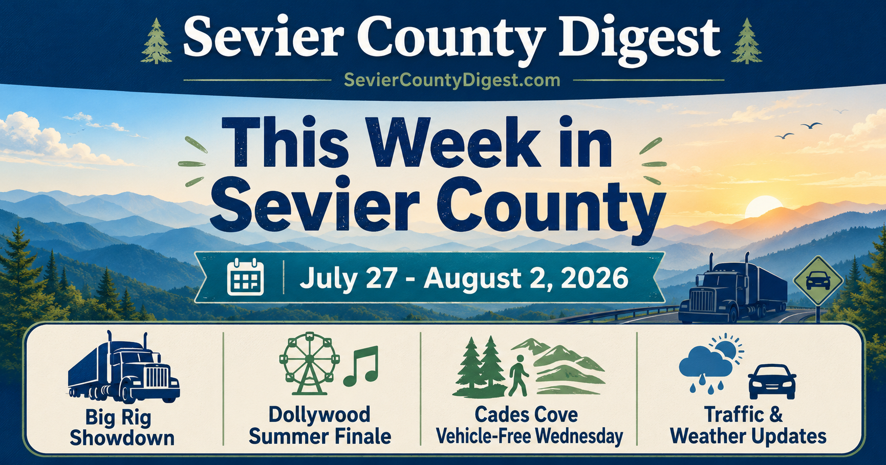 Sevier County Weekly Digest graphic for July 27 through August 2, 2026, featuring local events, weather, traffic, and Smoky Mountain updates.