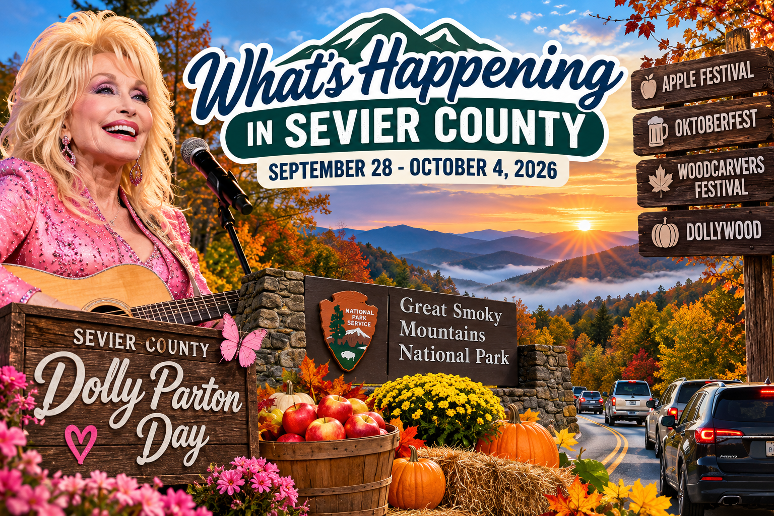 Sevier County weekly roundup for September 28 through October 4, 2026 featuring Smoky Mountains fall events, Dolly Parton Day and local traffic updates