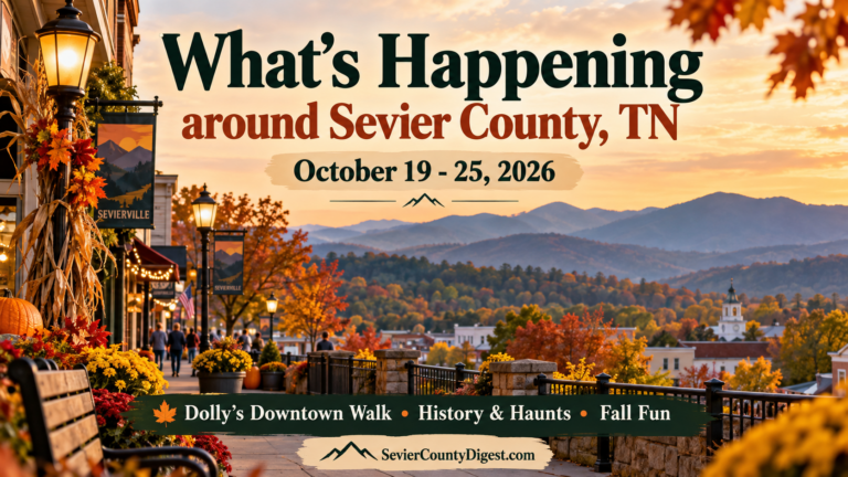 Sevier County Digest weekly events guide for October 19–25, 2026, featuring Dolly’s Downtown Walk, History & Haunts and fall activities in the Smokies