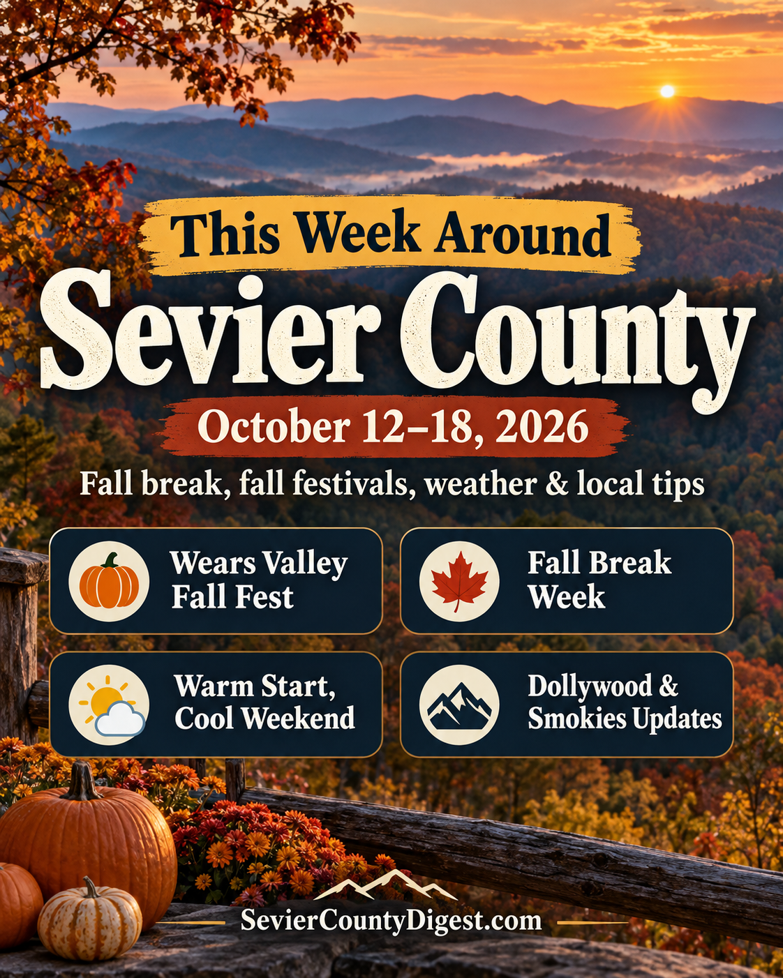 Sevier County Digest October 12–18, 2026 weekly events guide with fall festivals, school break, weather and Dollywood highlights