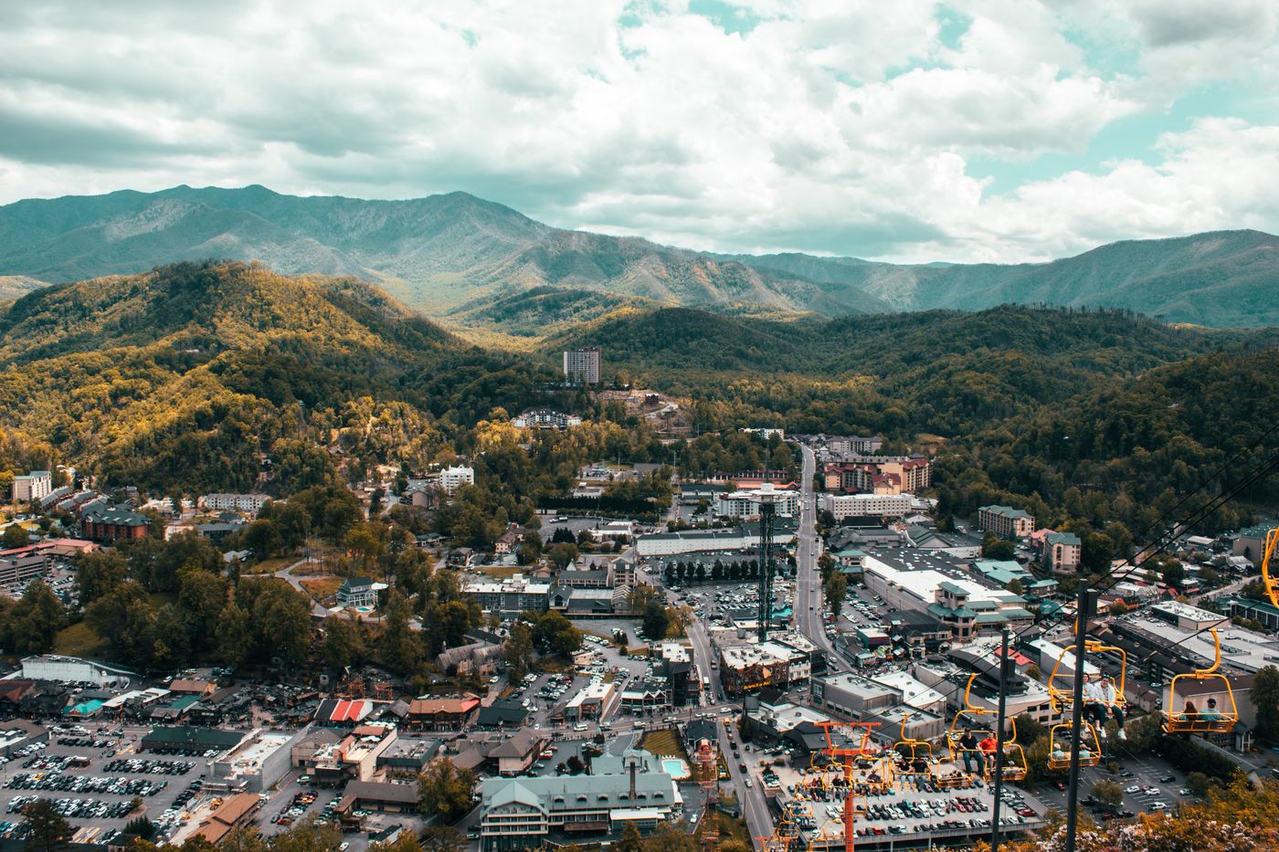 View of downtown Gatlinburg, Tennessee, with the Smoky Mountains beyond
