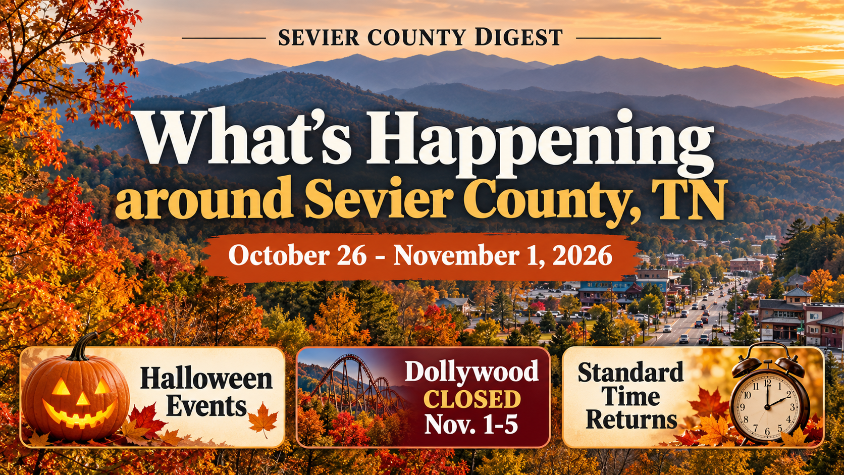 Sevier County Digest weekly news, October 26 to November 1, 2026: Halloween events, Dollywood closed November 1–5, standard time returns.